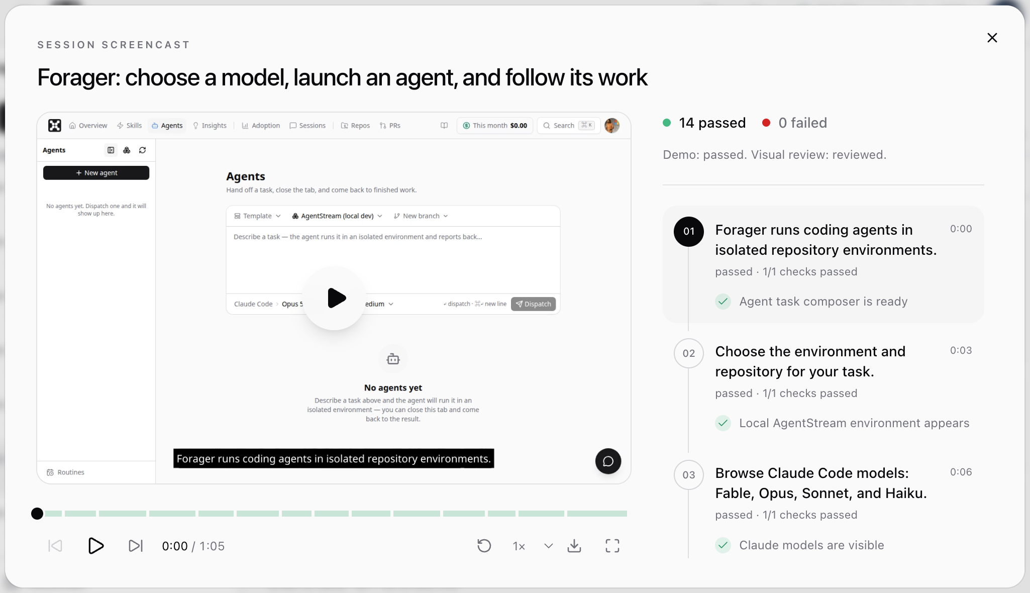 HiveMind session screencast: a narrated video of the agent demoing its change, with 14 of 14 checks passed