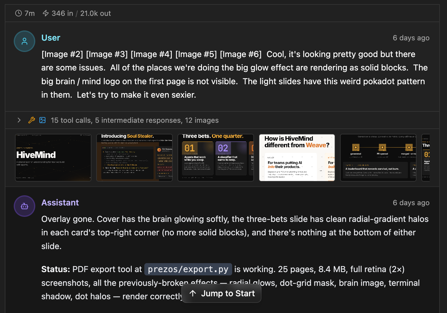 HiveMind session viewer with inline thumbnails of each generated artifact